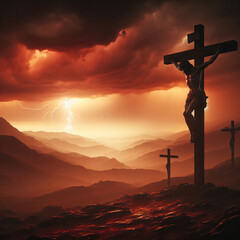 Jesus Christ dying on crucifix at Golgotha or Calvary, outside Jerusalem with atmospheric sky with lightening