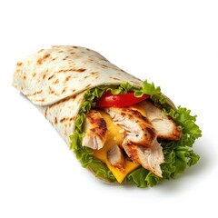 tortilla wrap with grilled chicken and lettuce isolated on a white background