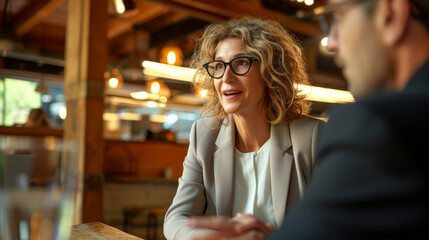 A smiling woman with glasses is engaged in a conversation with a male colleague in a modern office setting, creating an atmosphere of friendly professional interaction.