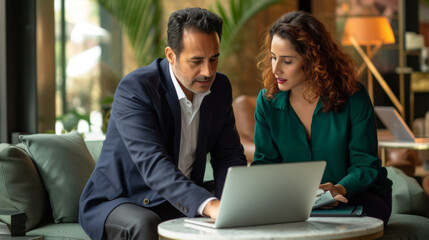 Two professionals are engaged in a focused discussion over a laptop at a meeting table, with one taking notes, in a modern and elegant corporate setting.