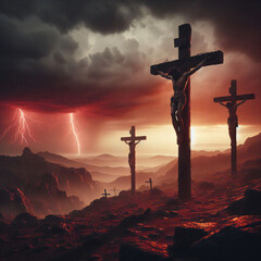 Jesus Christ dying on crucifix at Golgotha or Calvary, outside Jerusalem with atmospheric sky with lightening
