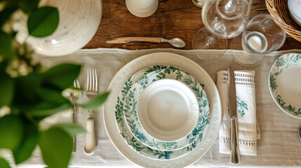  a close up of a table setting with plates and utensils and a vase with a plant in the middle of the table and a wicker basket on the side of the table.