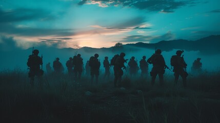 A Cinematic scene, a group of special operation soliders posing from the back, captured by Sony Alpha a7 III, mid shot --ar 16:9 --style raw --v 6 Job ID: 156c689a-f931-4a0e-b8ea-dd67e6933806