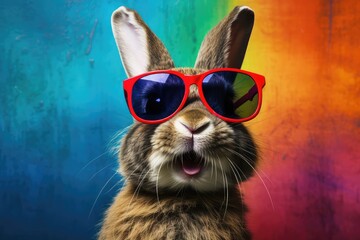 Cool Easter bunny with sunglasses in front of a colorful background.