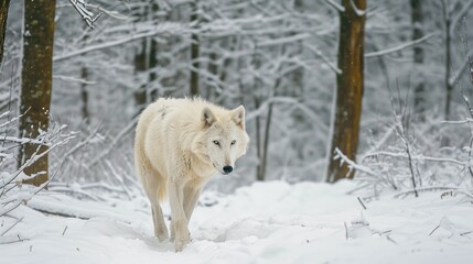 Obraz premium a white wolf walking through the snow in a wooded area with snow on the ground and trees on the other side of the woods, with snow on the ground.