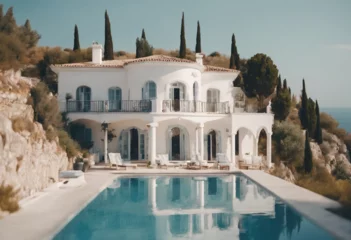 Fototapeten Traditional mediterranean white house with pool on hill with stunning sea view Summer vacation backg © ArtisticLens