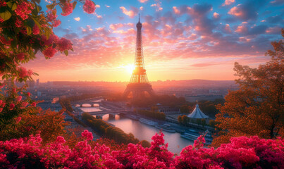 Eiffel Tower during beautiful spring morning in Paris, France.