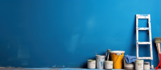 painting equipment is in front of the blue wall - obrazy, fototapety, plakaty
