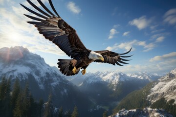 White-tailed eagle flying in the blue sky. 3d rendering