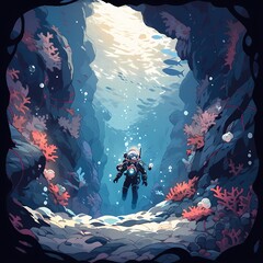Underwater Explorer in a Serene Ocean Cave with Marine Life