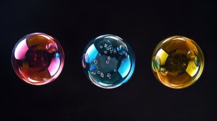  a group of three glass clocks sitting on top of a black table next to each other on top of a black surface with a reflection of the clock on the top of the clock.