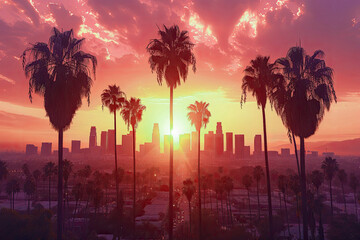 Beautiful sunset of Los Angeles downtown skyline and palm trees in foreground - obrazy, fototapety, plakaty