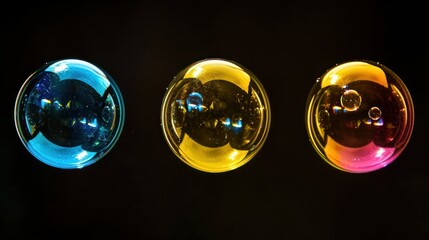  a group of three glass balls sitting next to each other on a black background with a reflection of the glass on the bottom of the ball and bottom of the glass.