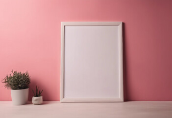 Vertial simple frame mock up on warm pink painted wall empty white board background