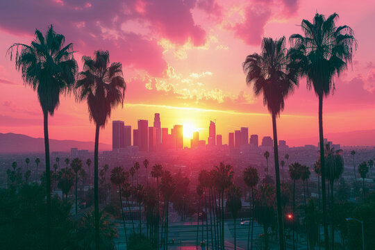 Beautiful sunset of Los Angeles downtown skyline and palm trees in foreground
