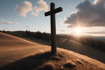 Christian cross on the hill. Illustration for Easter.