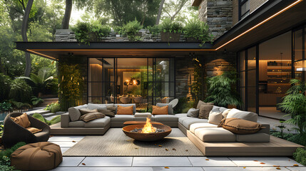 A stylish outdoor patio. Comfortable lounge chairs and fire pit. Created with generative AI.