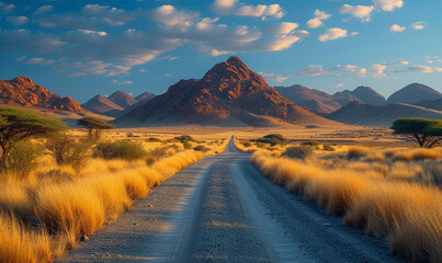 Endless gravel road. Spitzkoppe in a distance. Blue sky with clouds