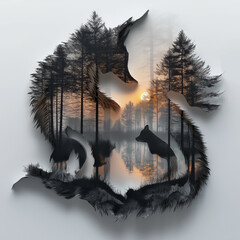 An intricate artwork that superimposes the silhouette of a howling wolf onto a tranquil forest scene at dusk, creating a multi-layered image that captures the essence of wilderness and the call of the