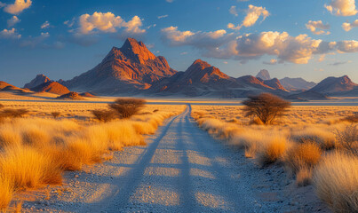 Endless gravel road. Spitzkoppe in a distance. Blue sky with clouds - obrazy, fototapety, plakaty