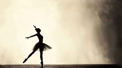  a black and white photo of a ballerina in the middle of a dance pose with her arms in the air and her leg in the air with her right hand. - obrazy, fototapety, plakaty