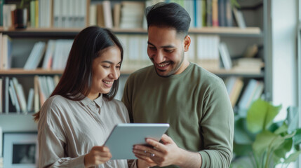 Two professionals are closely reviewing content on a tablet, sharing a cheerful moment in an office with bookshelves and plants in the background.