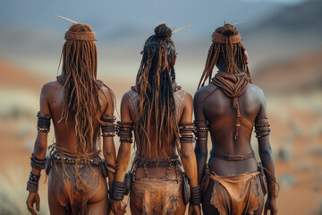 Group of women of the Himba tribe are walking through the desert to Opuwo town in Namibia
