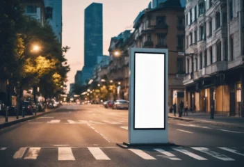 Gordijnen Vertical blank white billboard on city street In the background buildings and road Mock up Poster on © ArtisticLens