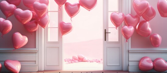 Pink heart balloons coming out of door