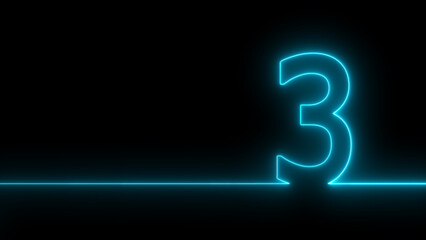 Neon digit 3 with alpha channel, number ONE. Animation Neon light blue color Number 3. Neon Glowing Symbol on Black Background.