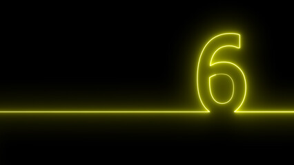 Neon digit 6 with alpha channel, number six. Animation Neon light blue color Number 1. Neon Glowing Symbol on Black Background.