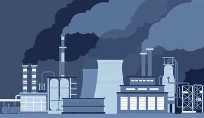 Smog pollution. Chimneys and factory pipes with smoke clouds. Industrial factories landscape. Emission of chemicals, air polluted recent vector scene