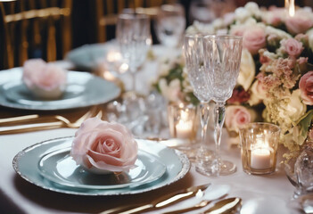 Wedding reception table setting with beautiful flowers sparkling glassware and dishes extra wide wit - obrazy, fototapety, plakaty