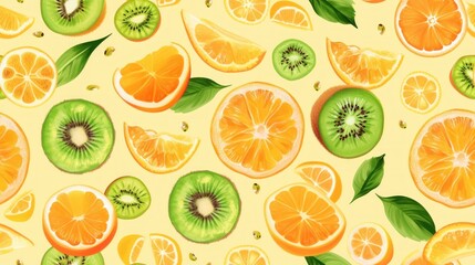  a bunch of oranges, kiwis and limes on a yellow background with leaves and slices of kiwis on top of the kiwis.