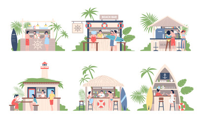 Beach bars. People rest in tropical cafe or bar. Seaside restaurants with barmen, summertime travel and vacation. Adults drinks, recent vector scenes