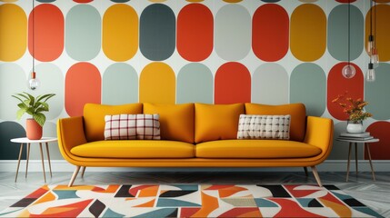 modern interior living room with Abstract mid-century contemporary wall background with vintage warm colors.