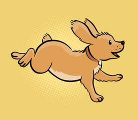 Running dog. Cute cocker spaniel with big ears. Funny domestic puppy. Cartoon vector illustration pop art. Hand drawn line