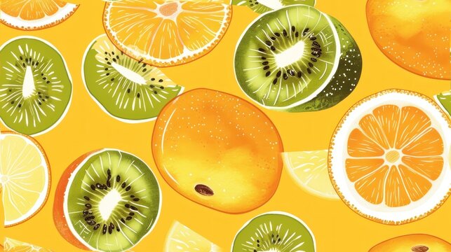  a bunch of oranges, kiwis, and lemons are on a yellow background with a white line in the middle of the middle of the image.