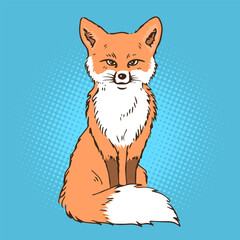 Red fox sitting. Fluffy tail. Forest wild animal. Vector art illustration hand drawn