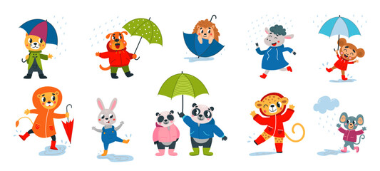 Funny animals at rainy day. Seasonal rain, animal wear raincoat and hold umbrella. Flat cartoon wild characters, panda, lion, cat classy vector set