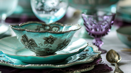  a close up of a tea cup and saucer on a table with other dishes and utensils in front of a white table cloth with a purple background.