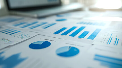 close-up of a collection of business documents with various types of charts and graphs