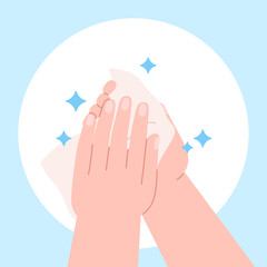 Wipe hands wet tissue. Self hygiene, disinfection antibacterial process and care. Person cleaning hand, human cleansing body racy vector concept
