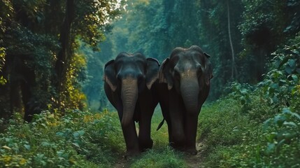  a couple of elephants walking down a lush green forest filled with lots of trees on a lush green hillside next to a forest filled with lots of tall green trees.