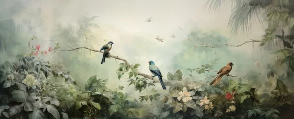 Fotobehang Watercolor pattern wallpaper. Painting of a jungle landscape with birds. © Simon