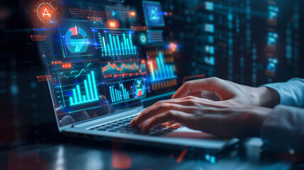 person's hands are seen typing on a laptop keyboard, with futuristic digital graphics of charts, graphs, and data analytics floating above the computer screen.