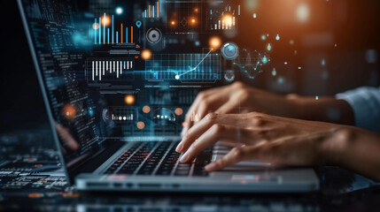 person's hands are seen typing on a laptop keyboard, with futuristic digital graphics of charts, graphs, and data analytics floating above the computer screen.
