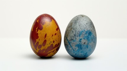  a couple of eggs sitting next to each other on top of a white surface with a blue and yellow speckled egg in the middle of the egg, and a red speckled egg in the middle.