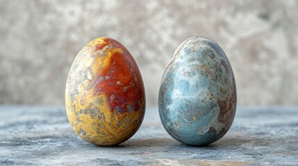  a couple of eggs sitting on top of each other on a table next to an egg with a different colored paint pattern on the side of the egg and the other egg.