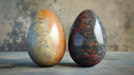  a couple of eggs sitting next to each other on top of a wooden table next to a brown and black egg on top of a counter top of another egg.